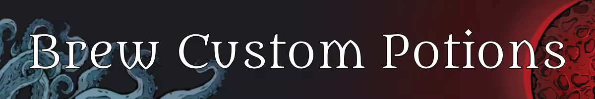 Apothecurse: Large white serif text “Brew Custom Potions” on dark background.