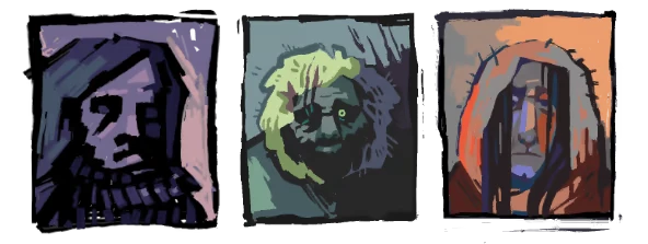 Arctis: Three stylized character portraits with distinct colors and expressions in a row.