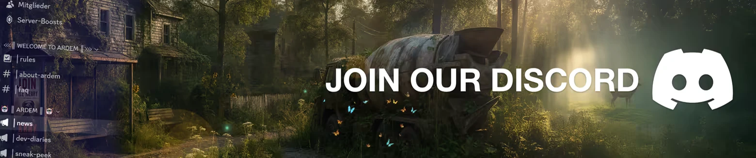 Ardem: Overgrown house, forest, and truck with "JOIN OUR DISCORD" text; Discord logo visible.
