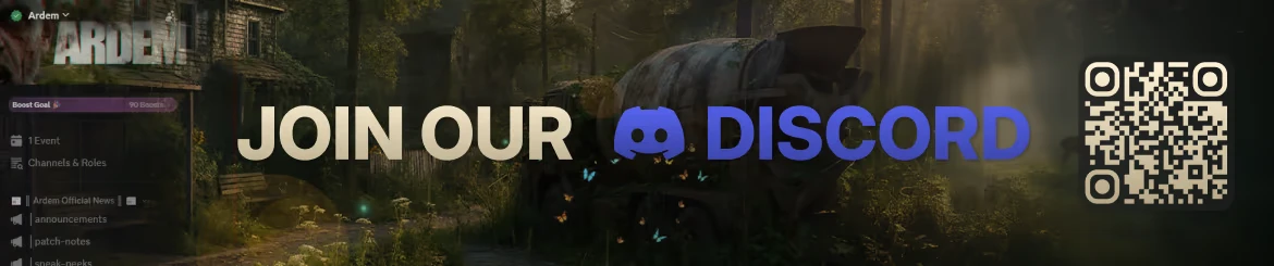 Join Discord Banner – Ardem Ardem: “JOIN OUR DISCORD” text with Discord logo, QR code, forest background.