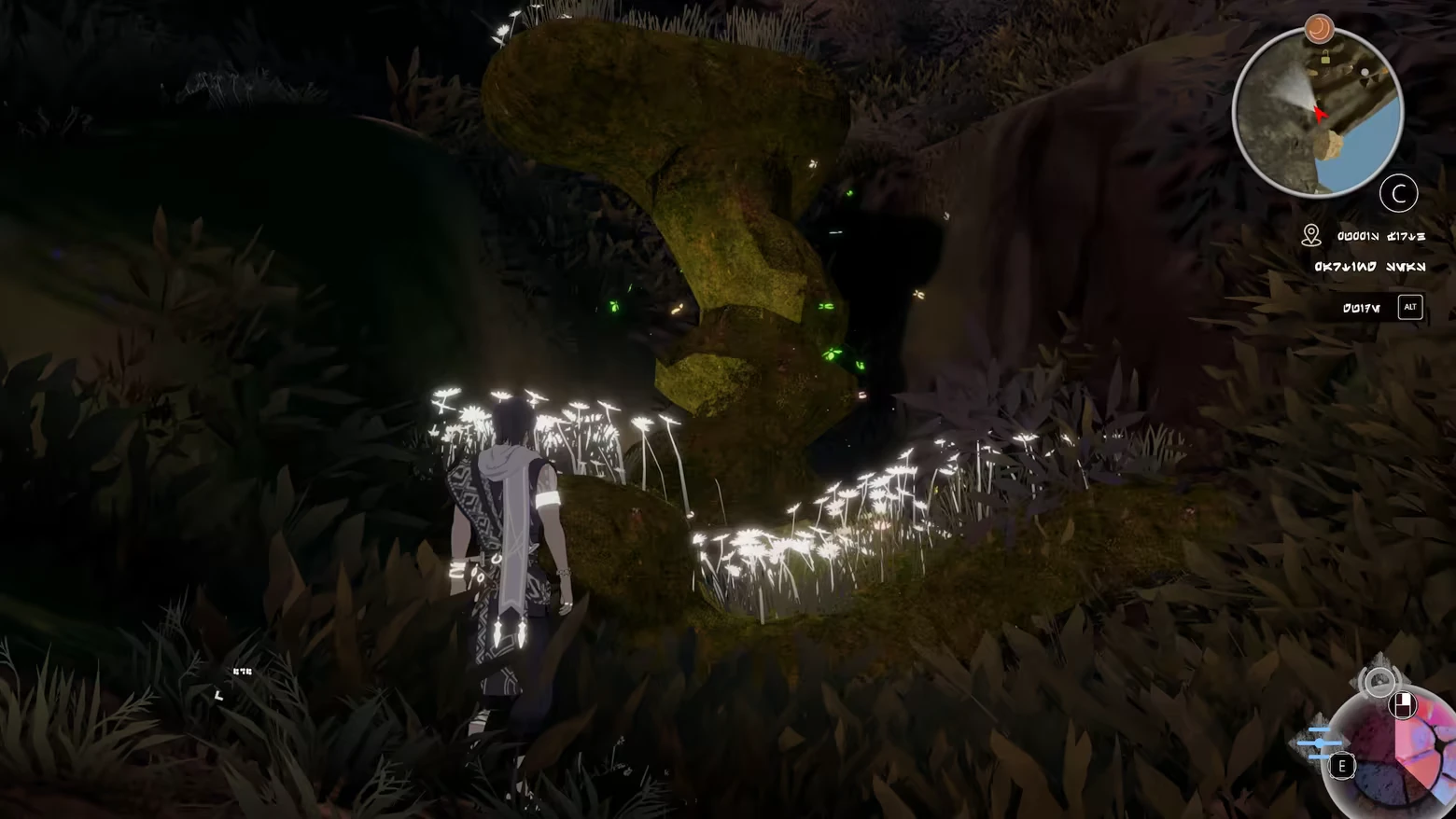 ARIE: A character stands by glowing white flowers and a mossy rock, with a map and UI elements visible.
