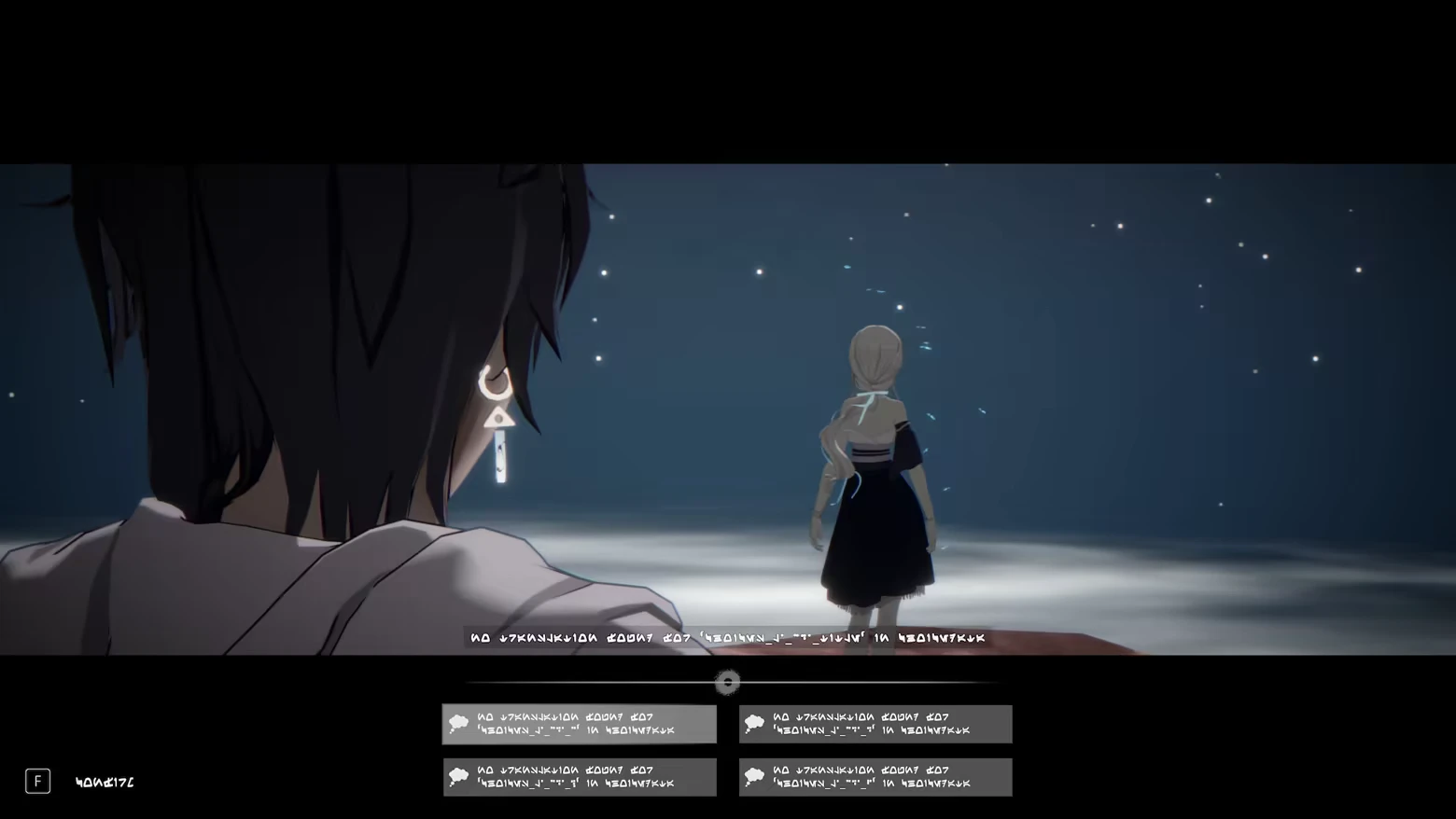 ARIE: Two characters face a starry sky; one wears a triangle earring. Text and dialogue options below.