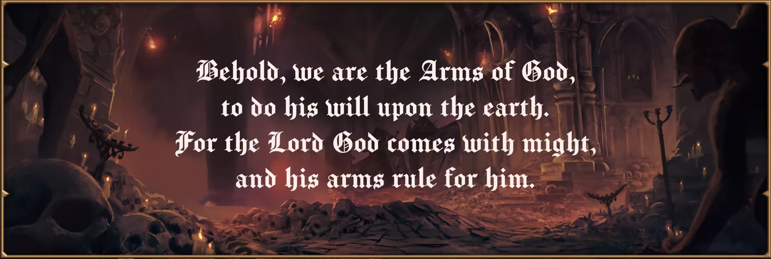 Arms of God: Gothic text over a dark, candlelit crypt with skulls and stone pillars.