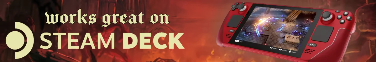 Arms of God: Gothic text reads "works great on STEAM DECK" beside a red handheld console.