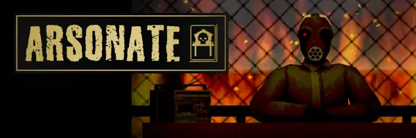 ARSONATE: Title in distressed font, figure in gas mask, flames behind chain-link fence.
