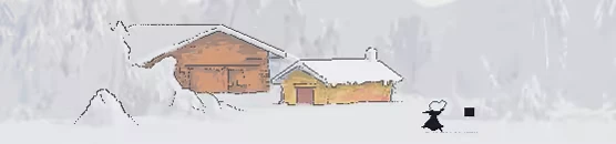 Snowy Cabin – Artis Impact : Meiji Spa Artis Impact: Snowy landscape with two cabins, a character in black, and a small black square.