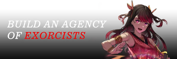 Asbak: Text "BUILD AN AGENCY OF EXORCISTS" with a smiling character in red attire and horns.