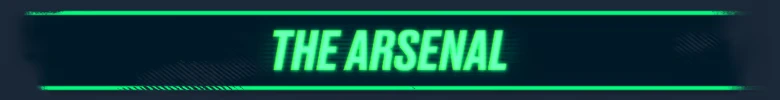 ASCENDANT: Neon green text "THE ARSENAL" on a dark background with glowing borders.