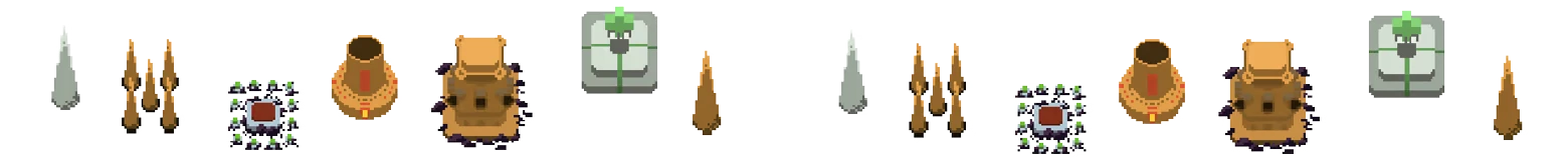 Ashes Remember Us: Pixel art of traps, towers, and a green skull icon on a gray background.