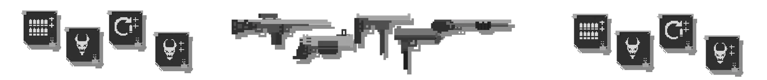 Ashes Remember Us: Pixel art weapons and upgrade icons with bullets, skulls, and circular arrows.