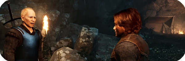 Asterfel: Two men talk by torchlight in a rocky cave; tent and campfire behind.