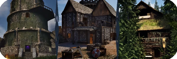 Asterfel: Stone tower, timber house courtyard, and moss-roof cabin among trees.