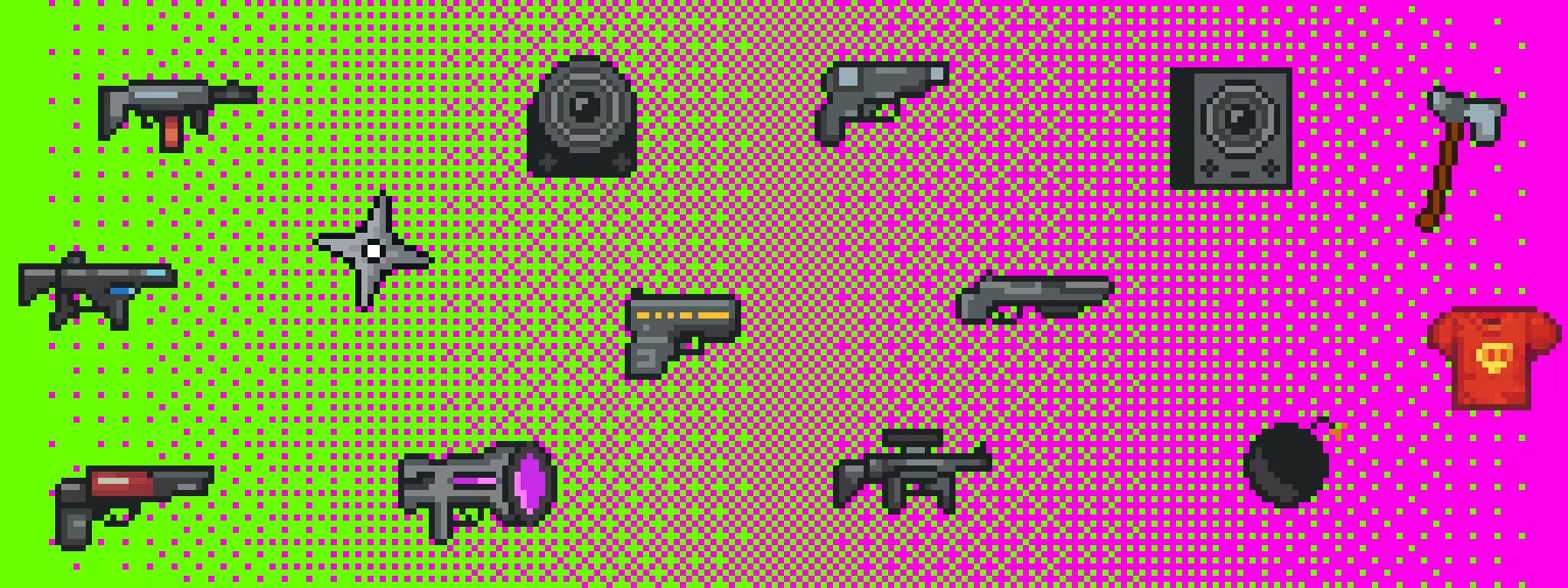 Asterobits: Pixelated weapons, a bomb, a shuriken, an axe, and a red shirt on a vibrant background.