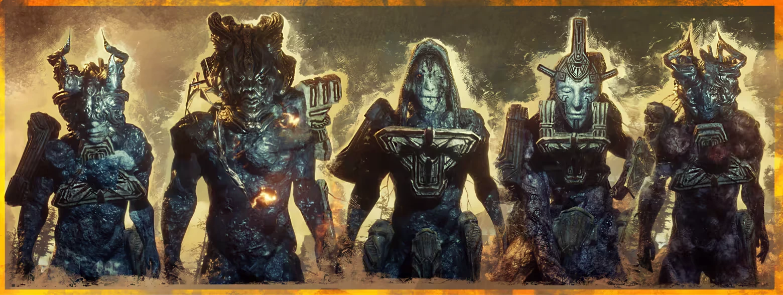 Cosmic Entity Lineup – ASTHENIA ASTHENIA: Five horned, armored humanoids with glowing chest plates in smoky haze.