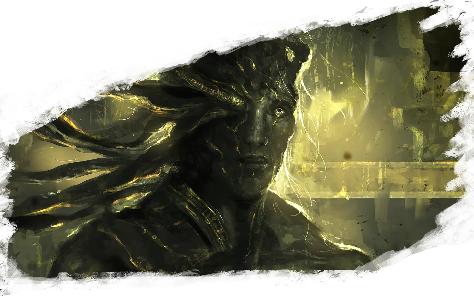 Eldritch Face Closeup – ASTHENIA ASTHENIA: Dark portrait of a long-haired figure with glowing eye in yellow haze.