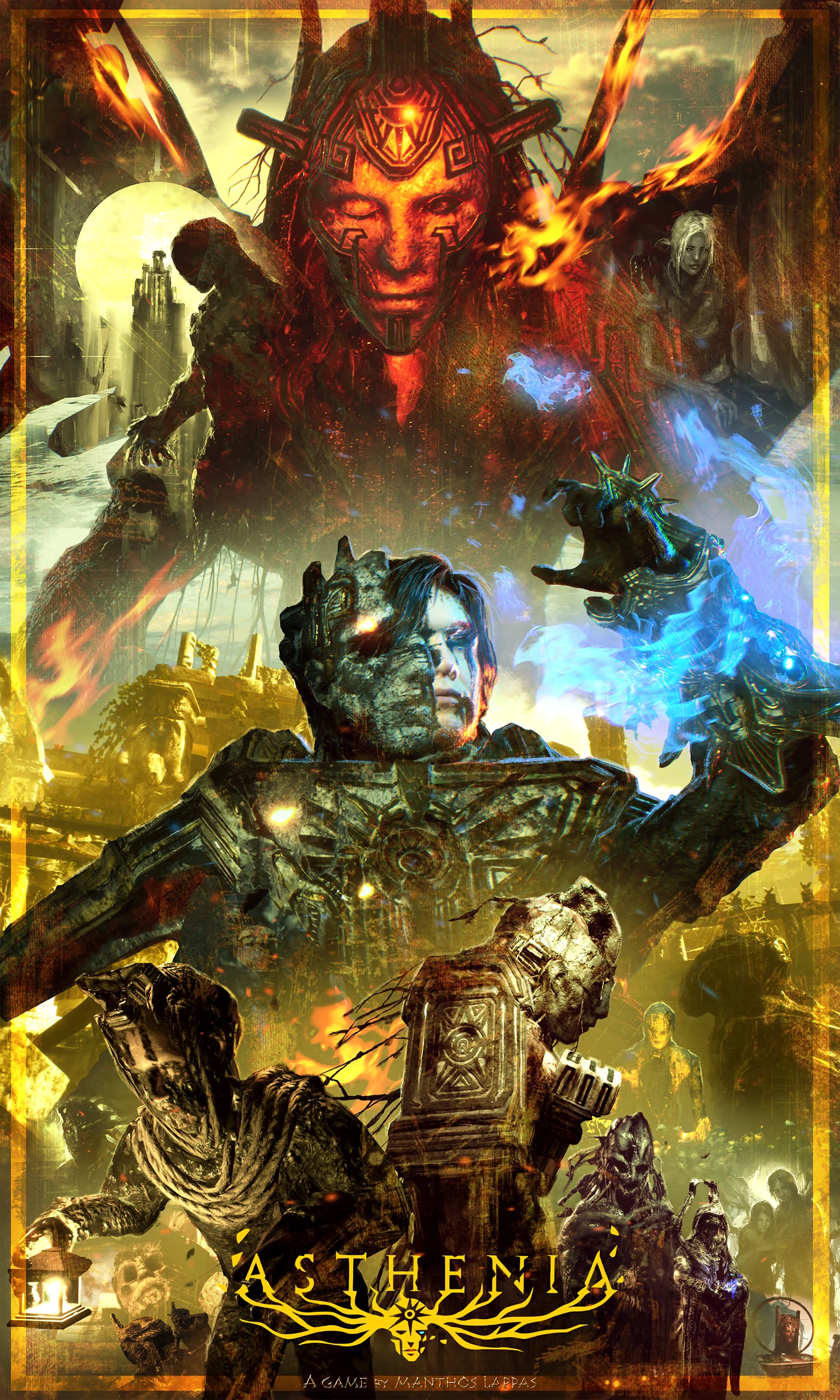 Primordial Gauntlet Wielder – ASTHENIA ASTHENIA: Armored figure with blue flame gauntlet under giant horned face; title text.