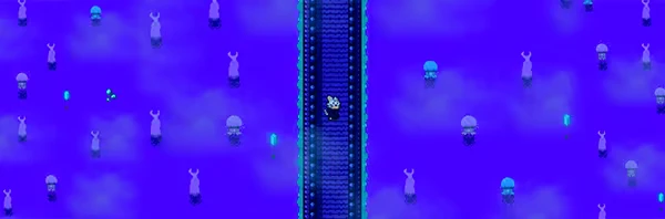 Bridge Pathway – Astral Wield Astral Wield: Character on a bridge in a purple mist, surrounded by statues and glowing orbs.