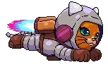 Astro Burn: Pixel art space cat in a helmet, flying with a colorful rocket trail.