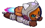 Astro Burn: Pixel art space cat in a helmet, flying with a rainbow trail behind.