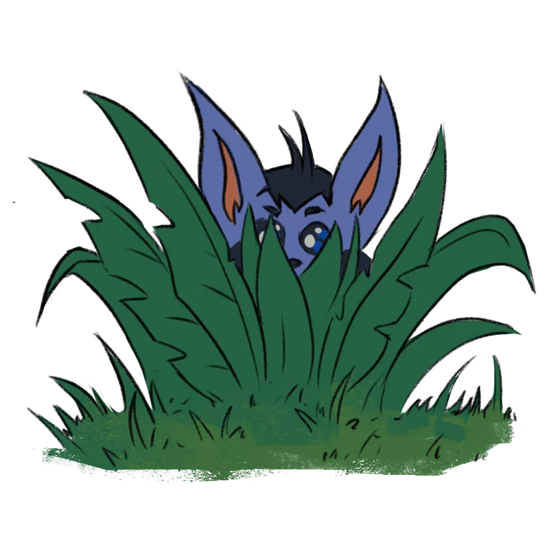 Sneaky Observer – ASTROBOTANICA ASTROBOTANICA: A blue alien with large ears peeks from behind lush green leaves.