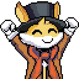 Astromeda: Pixel art character with fox ears, top hat, and raised arms, wearing a red scarf.