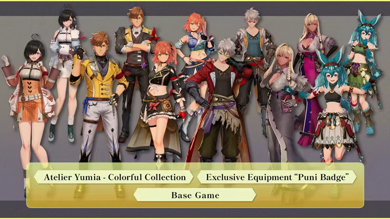 Atelier Yumia: Eleven diverse characters in vibrant outfits, text reads "Colorful Collection".