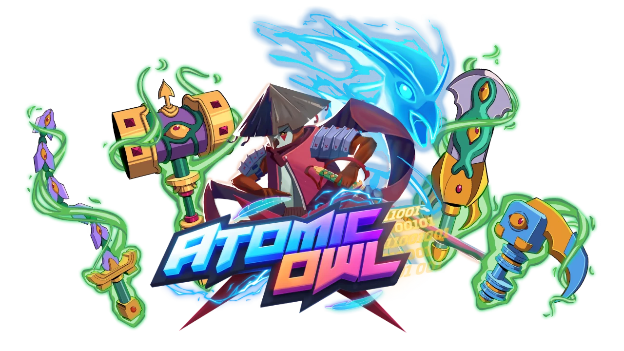 Atomic Owl: Warrior bird with a hat, glowing owl, and vibrant weapons; neon logo in front.