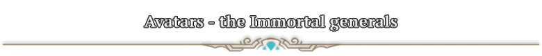 Atre: Text reads "Avatars - the Immortal generals" in white, with ornate gold and teal design.