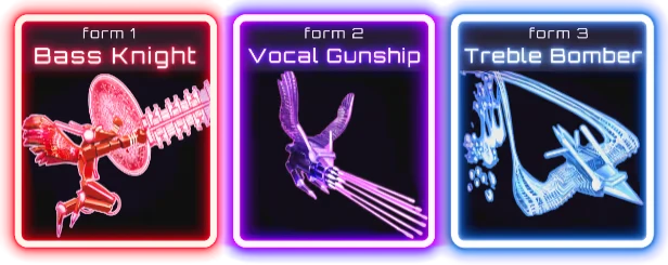 AUDIOMECH: Three forms: Bass Knight, Vocal Gunship, Treble Bomber, each with neon borders.