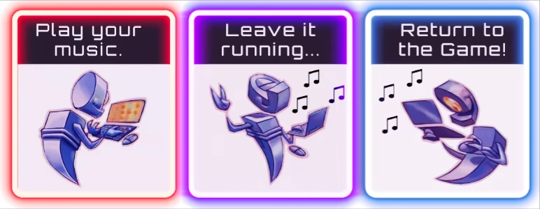 AUDIOMECH: Three panels with robots, laptops, and text: "Play your music," "Leave it running," "Return to the Game!"