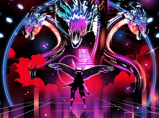 AUDIOMECH: Silhouetted figure with wings faces two neon serpents in a vibrant, cosmic arena.