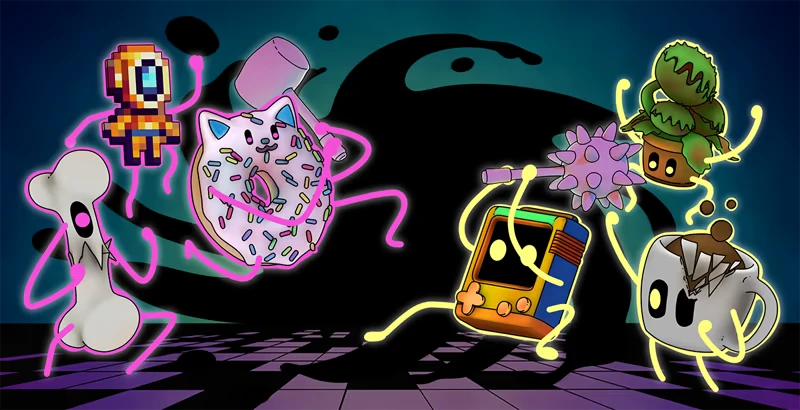 Aura Items Brawl – Aura Farmers Aura Farmers: Cartoon items with neon limbs on dark blob, purple grid floor background.