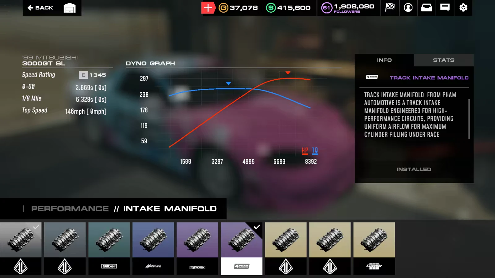 Auto Legends: Car stats, dyno graph, and intake manifold options on a customization screen.