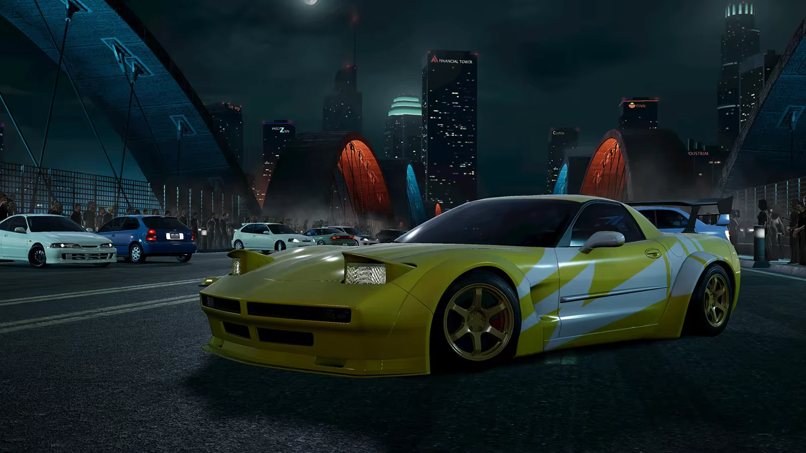 Auto Legends: Yellow sports car with white stripes on a city street at night, bridge in background.