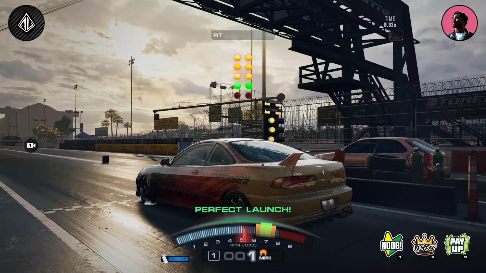 Auto Legends: A gold car accelerates on a drag strip, "PERFECT LAUNCH!" text in green.