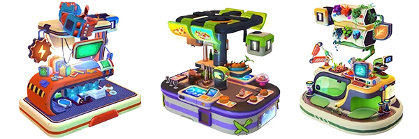 Crafting Stations – Autonomica Autonomica: Three colorful futuristic workstations with screens, tools, and plants on display.