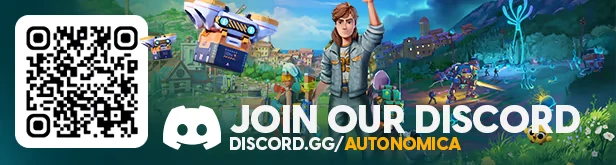 Discord Promo – Autonomica Autonomica: QR code, flying drones, character raising hand, and vibrant village scene.