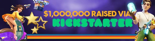 Kickstarter Success – Autonomica Autonomica: Two characters with futuristic gadgets, Kickstarter text, stars, and colorful stripes.