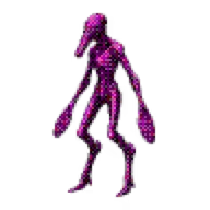 Glitch Entity Silhouette – Backrooms Clicker Backrooms Clicker: Pixelated purple humanoid silhouette with long arms on black background.