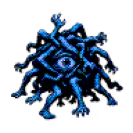 Glowing Anomaly Eye – Backrooms Clicker Backrooms Clicker: Blue pixel-art one-eyed creature with tentacles on black background.