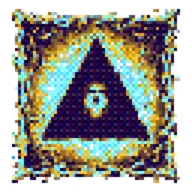 Backrooms Clicker: Pixel-art blue eye symbol on dark purple triangle, gold border.