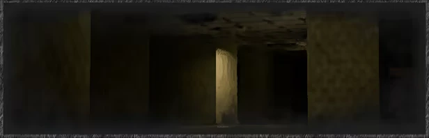 Backrooms Lost Runners: Dimly lit corridor with yellowed walls and ceiling, casting eerie shadows.