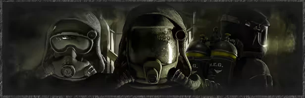 Backrooms Lost Runners: Three figures in gas masks and hoods, with M.E.G. tanks in a dim room.