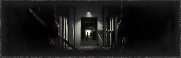 Backrooms Lost Runners: Dim hallway with two shadowy figures, barred windows, and flickering light.