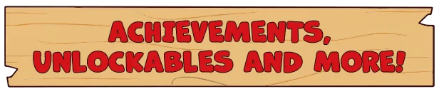 Backyard Baseball: Wooden sign with red text, “ACHIEVEMENTS, UNLOCKABLES AND MORE!”.