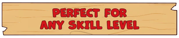 Backyard Baseball: Red text “PERFECT FOR ANY SKILL LEVEL” on a wooden sign background.