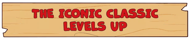 Backyard Baseball: Red text “THE ICONIC CLASSIC LEVELS UP” on a wooden sign banner.