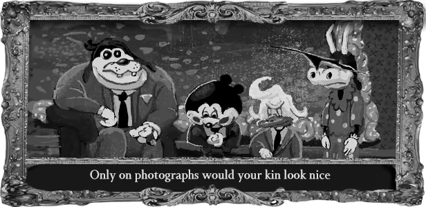 Bad Cheese: Four cartoon characters in suits, framed, with text "Only on photographs would your kin look nice."