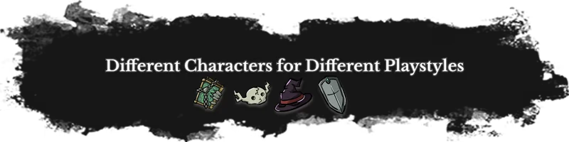 Balaspire: Text reads "Different Characters for Different Playstyles" with icons of a book, ghost, hat, and shield.
