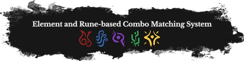 Element Rune Combo – Balaspire Balaspire: Text reads "Element and Rune-based Combo Matching System" with five colorful symbols.